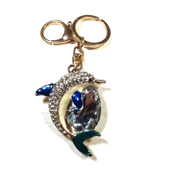 Unbranded Accessories - Jumping Dolphin Rhinestone Keychain Gold Tone Clear Blue Ocean Beach